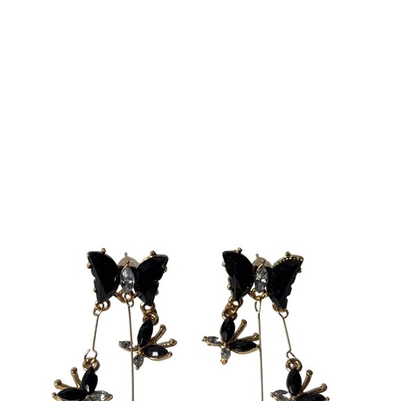Butterfly Dangle Earrings Black Clear Rhinestone Accents Goldtone 2 inches - Picture 2 of 5